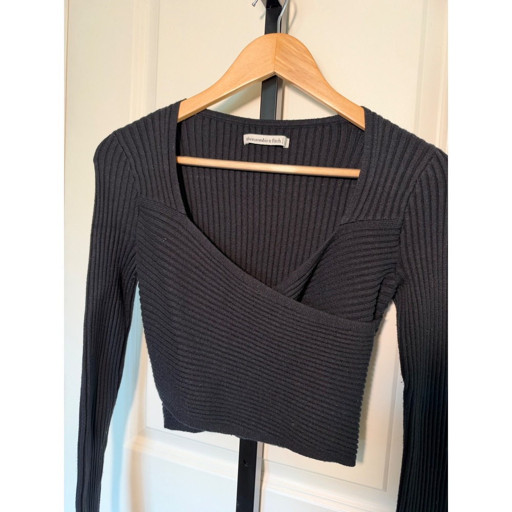 Abercrombie & Fitch Black Ribbed Wrap Sweetheart Long Sleeve Crop Top Medium